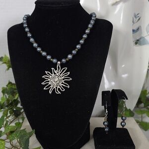 Natural Stone Hematite Necklace with Sun Pendant and Earrings Set